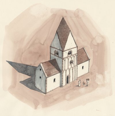 Pietarin kirkon jälleenrakennuspiirustus anglosaksisen kauden aikana, Wales, Liam (1900-luku) (akvarelli paperille) 作： Unbekannter Künstler