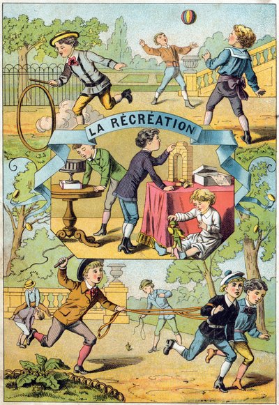 学校の校庭でのレクリエーション。Alphabet des petits ecoliers "に掲載された版画。エピナルの画像、1885年頃。プリヴェ・コレクション 作： Unbekannt