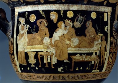 赤と白の図柄のカリクレーター：宴の場面を描いたディテール、ギリシャ（陶器）（85012のディテール 作： Unbekannt