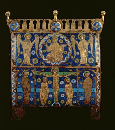 キリストの磔刑と神格化を描いたエナメル板で装飾された聖遺物箱、フランス、リモージュ製 作： Unbekannt