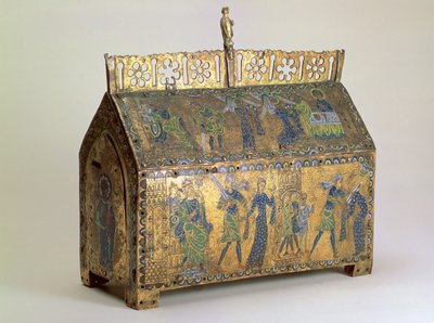 聖バレリアの生涯の場面、リモージュ、1175年頃の聖骨箱（木、銅の金箔、シャンプーブのエナメル） 作： Unbekannt