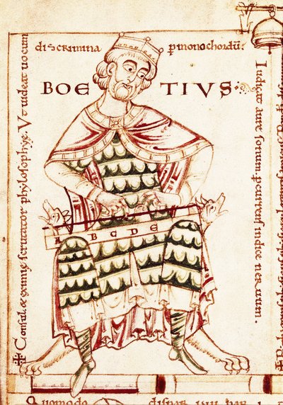 ラテンの哲学者ボエチェ（Anicius Manlius Severinus BoetiusまたはBoethius）（480-524）が楽器を持っている様子（音楽の研究）を表したもの。カンタベリー写本のミニチュア。 作： Unbekannt