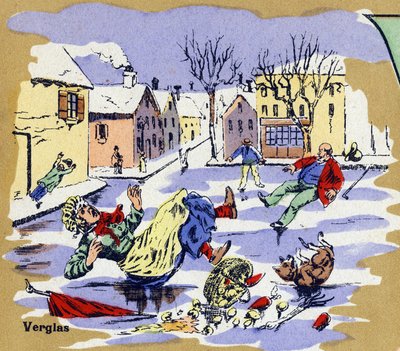 冬、氷の上を滑る村の住人たち。イラスト入りのアルファベット。20世紀初頭、ジャーヴィル＝ナンシーで再会したイメージたち。寸法：40 x 29 cm。ビストル地にリトグラフ 作： Unbekannt