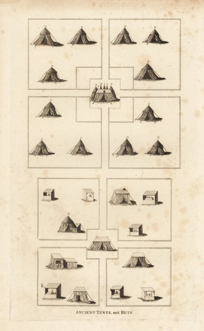 ヘンリー8世の時代の王族の野営地。王族の宿舎、市場、店主や肉屋の小屋などが描かれています。 作： Unbekannt