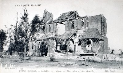 フランス、ソンム、フリーズ村の教会跡 1914-1918（絵葉書） 作： Unbekannter Künstler