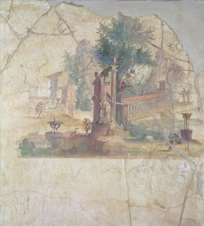 西暦世紀、ボスコレアーレのアグリッパの別荘からの牧歌的な風景（フレスコ画） 作： Unbekannt