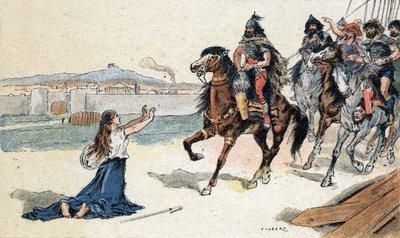 フン族の王アッティラの前での聖ジュヌヴィエーヴ（422-502） - 蛮族の侵略 - 1890年のカミーユ・ジルベールによるイラスト（彫刻）。 作： Unbekannt