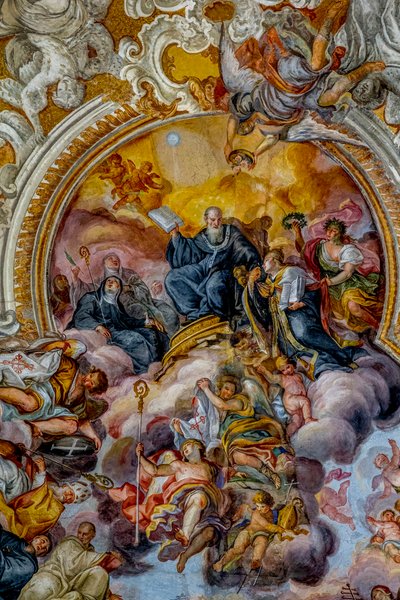 サン・ベネデット教会、カターニア、シチリア（イタリア）。天井フレスコ画の詳細（18世紀）。聖ベネディクト。(写真) 作： Unbekannt