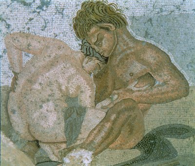 サテュロスとメナド、牧神の家のモザイクの詳細 作： Unbekannter Künstler