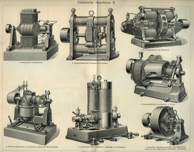 ドイツの電気機器を表す科学技術委員会。図版は1904年の "Meyers Grosses Konversations - Lexikon "から引用。ライプツィヒとウィーンの書誌学研究所 作： Unbekannt