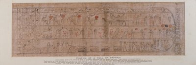 木製のPtah-Sokar-Osirisフィギュアの台座にある、夜明けの空への太陽神の誕生を説明するAmtuatの本の11番目のセクションのテキストを含む筆記体ヒエログリフが刻まれたパピルスのセクション（を参照） 83305）、エジプト人、 作： Unbekannt