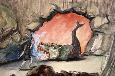 竜ファフナーを倒すジークフリート、19世紀後半（挿絵） 作： Unbekannter Künstler