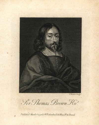 科学、医学、宗教、秘教に関するイギリスの多才な作家、サー・トーマス・ブラウン、1682年没。ウィリアム・リチャードの「グレンジャーのイングランド伝記を挿絵にした肖像画」（ロンドン）の銅版画。 作： Unbekannter Künstler