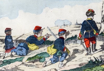 スナイパー。Alphabet militaire enfantin "に掲載された版画。1890年頃のポン・ア・ムソンをイメージしています。20ページ。寸法：28.5x21cm 作： Unbekannt
