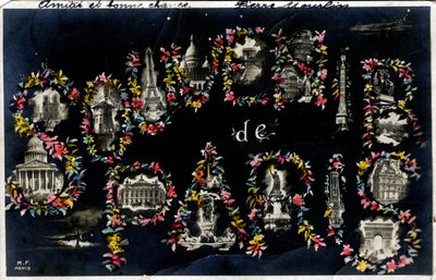 さまざまなモニュメントが描かれたパリのお土産 - 1905年のポストカード 作： Unbekannt