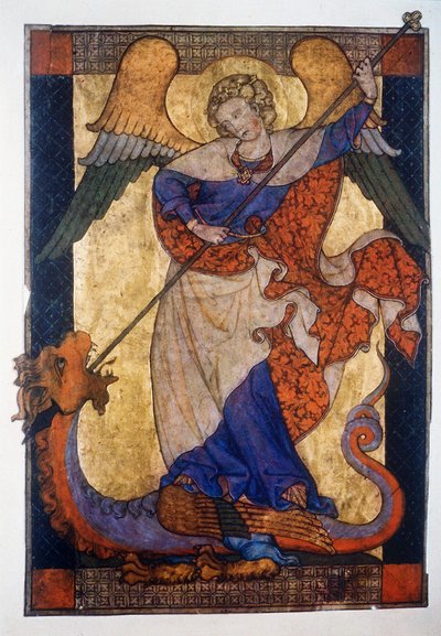ドラゴンを倒す聖ミカエル - 羊皮紙、1330年頃、ベルリン国立博物館蔵 作： Unbekannter Künstler