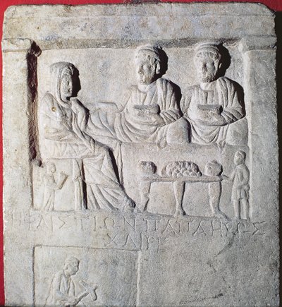 葬儀の宴のステラレリーフ（石）、ギリシャ語の碑文付き、小アジア 作： Unbekannt