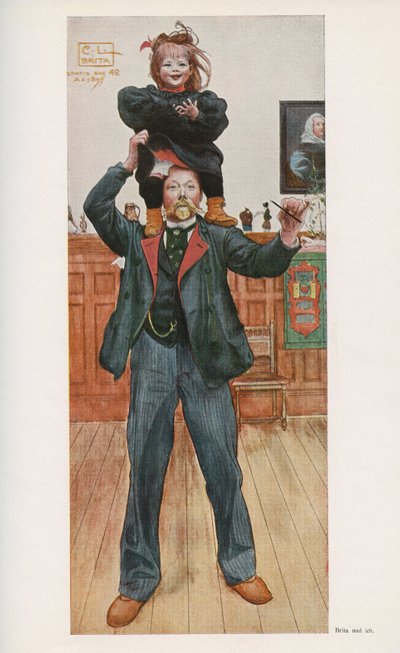 スウェーデンのイラストレーターCarl Larsson（1853-1919）と娘のBrita。水彩画「息子のいる家」より 1921年 作： Unbekannt