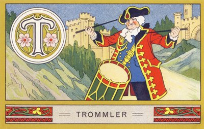 T: Trommler - Alphabet Palmin.H. Schlinck & Cie, Hamburg, n.d.で出版された一連のクロモリトグラフ。Palmin feinstes Cocosfettの広告です。サイズ : 7 x 11 cm 作： William M. Timlin