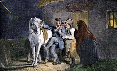 馬に乗ろうとするタム・オ・シャンター。スコットランドの詩人ロバート・バーンズ（1759-1796）の詩の挿絵。19世紀、ジョン・フェードの絵画からのカラー版画。 作： Unbekannter Künstler