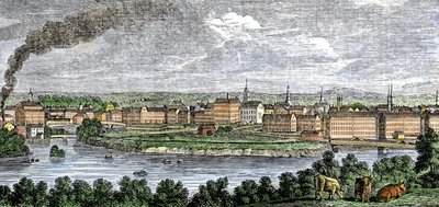 1830年代の米国マサチューセッツ州ローウェル、メリマック（メリマック）川とコンコード川沿いの織物工場。19世紀のカラー・エングレーヴィング。 作： Unbekannter Künstler