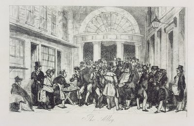 路地」、ロンドン証券取引所の入り口にある文売り、カペルコート、1850年頃（エッチング 作： Unbekannt