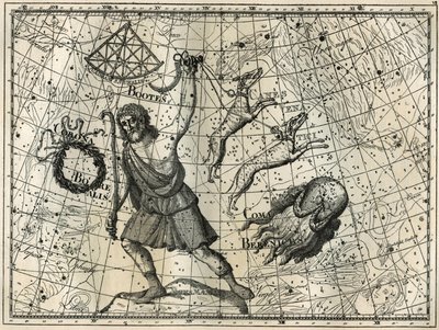 バウワー、ボレアル・クラウン、狩猟犬、ベレニスの髪の毛。カミーユ・フラマリオンの「Les étoiles et les autres curiosites du ciel」からのエングレーヴィング。 作： Unbekannt