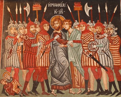 15世紀に描かれたビザンチン様式のフレスコ画 ユダの裏切りとイエスの逮捕 Michael Archangel Church in Pedoulas Cyprus 描かれた教会 UNESCO site Troodos, Cyprus 作： Unbekannt