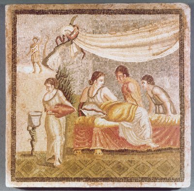 召使に付き添われて横たわる女性を描いたセントセル・モザイク（ギリシャの原画のコピー 作： Unbekannt