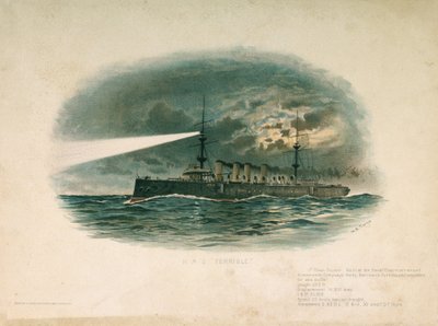 1897年にバロー・イン・ファーネス造船武器会社で建造された一等巡洋艦HMS「テリブル」。W.S.トムキンによる19世紀末のクロモリトグラフィー（？） 作： Unbekannter Künstler