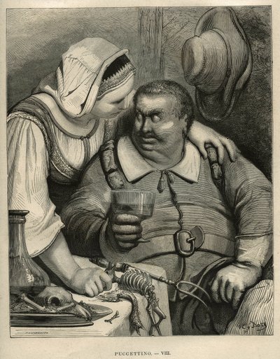 小人のプーケット：食事を終えた鬼とその妻。シャルル・ペロー（1628-1703）の「Les contes」からギュスターヴ・ドーア（1832-1883）が描いた版画。 作： Unbekannt