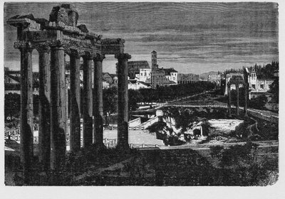 ローマ市の中心部にある古代政府の重要な建物の跡に囲まれたフォロロム。元々は市場であったこの空間を、古代都市の市民は「フォーラム・マグナム」あるいは「フォーラム」と呼んでいた。 作： Unbekannt
