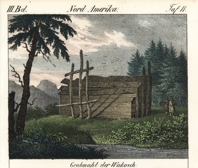 ワカシャンインディアンの木の墓（カナダ）。本のための石版画：Friedrich Wilhelm Goedsche (1785-1863)による「Galerie complete en tableaux fideles des peuples d