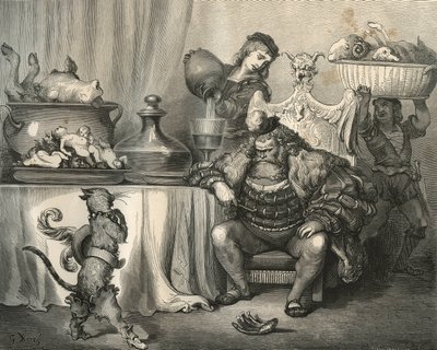 長靴を履いた猫とオーガの出会い。シャルル・ペロー（1628-1703）の「Les contes」からギュスターヴ・ドーア（1832-1883）が描いた版画。 作： Unbekannt
