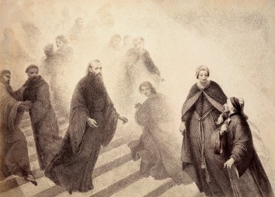 ピーター・ダミアンの瞑想的な精神が黄金の梯子から降り、ダンテに向かう。ダンテ・アリギエーリ作『神曲』パラディソのカント16の挿絵。フランチェスコ・スカラムッツァがフィレンツェ市に捧げた作品。 作： Unbekannter Künstler