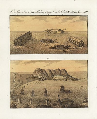 1782年、ジブラルタルにあったイギリス軍の浮き砲台。フランス人技師アルコンが設計した2段式210門砲台と1段式砲台。ジブラルタルにおけるイギリス海軍の浮き砲台 作： Unbekannter Künstler
