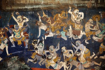 シルバーパゴダの内部には、インドの古典叙事詩「ラーマーヤナ」のクメール版ともいえる「リームカー」の物語を描いた壁画が描かれています。壁画の一部は劣化し、風化しています。この壁画は 作： Unbekannt