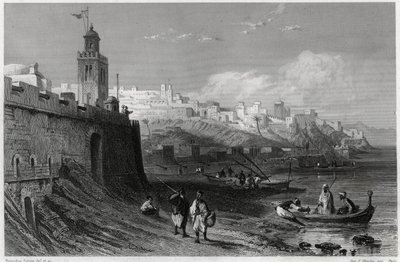フランスのジャーナリストであり旅行家でもあったルイ・エノー（1824-1900）の地中海に関する本に掲載されている、19世紀の要塞都市タンジェの絵のように美しい港の様子。ルイ・エノー『LA MEDITERRANEE SES ILES ET SES BORDS』モリゾー刊 作： Unbekannt