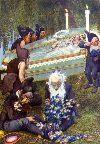 棺の中で白雪姫を泣かせる7人の小人、19世紀後半（イラスト） 作： Unbekannter Künstler