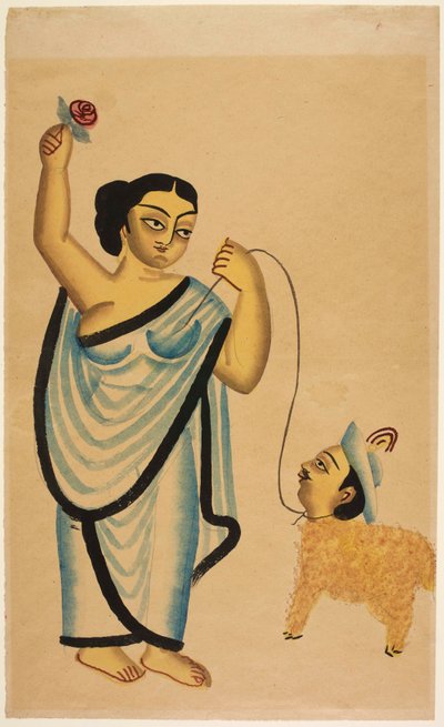 羊の恋人：右手にバラを持ち、人間の頭を持つ羊を率いる娼婦、1865年頃（紙にインクと色） 作： Unbekannter Künstler