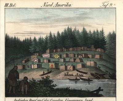 カナダ、バンクーバー島のインディアンが描いた木造家屋の村。本のためのリトグラフ：Friedrich Wilhelm Goedsche (1785-1863)作 "Galerie complete en tableaux fideles des peuples d