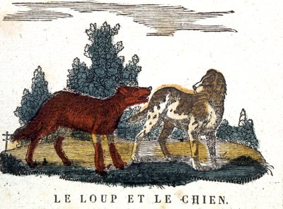 オオカミと犬、ラ・フォンテーヌの物語、19世紀初頭（エングレーヴィング） 作： Unbekannter Künstler