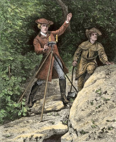 ヴァージニアで幾何学として働く若き日のジョージ・ワシントン（1732-1799）。19世紀の彩色エングレーヴィング。 作： Unbekannter Künstler