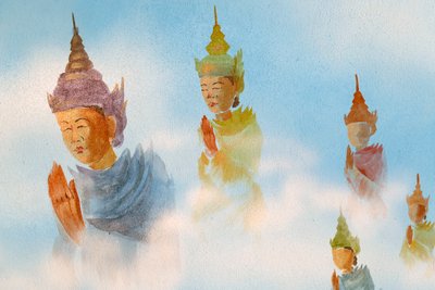ティエンラム仏教寺院、壁画参拝者。 ベトナム、フエ、2019年（写真 作： Unbekannt