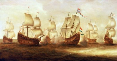 三十年戦争（1618-1648）：ウィッテ・デ・ウィズ提督（1599～1658）が1641年、ニーウポルト（オランダ）沖でダンケルクのボートと戦った。 作： Unbekannter Künstler