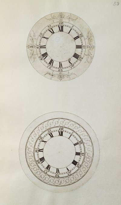 ジョン・ハリソン（1693-1776）とその息子ウィリアム（c.1726-72）がまとめた機械的なメモと図面から、エナメル製の大きな時計の文字盤のデザイン2点（紙にペンとインク）。 作： Unbekannt