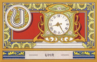 U: 時計 - アルファベット パルミネ。 H. Schlinck & Cie によって編集された一連の chromolithography、Hamburg、p. d. . パルミンの最高級ココナッツ脂肪の広告。 寸法：7×11cm 作： Unbekannter Künstler