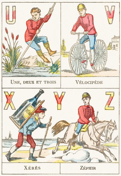 UVXYZ; U：1、2、3。 V：ベロシペード; X：ゼレス; Z：Zephir-Games Alphabet、c.1890（彫刻） 作： Unbekannt