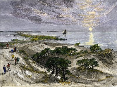 アメリカ合衆国バージニア州ロアノーク島の土地へのイギリス人入植者 作： Unbekannter Künstler