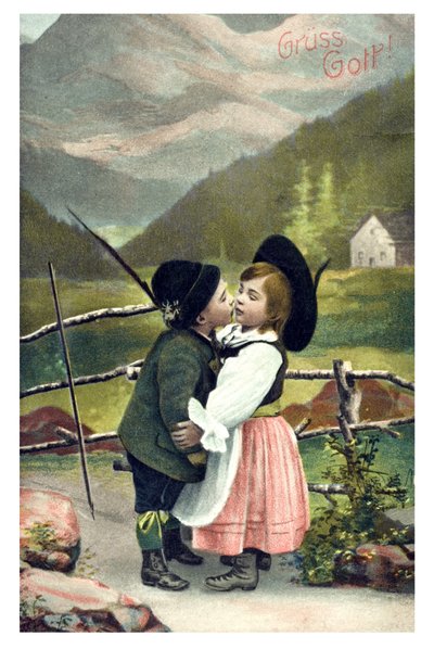 バレンタインデーのグリーティング カード「Gruess Gott」: バイエルン州の子供たちのカップルがお互いにキスをしている 作： Unbekannter Künstler